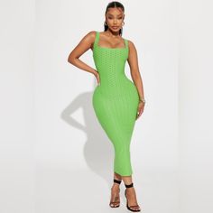 Textured Midi Dress Sleeveless Square Neckline Low Back Stretch 95% Polyester 5% Spandex Green Sleeveless Bodycon Dress For Beach, Green Sleeveless Bodycon Midi Dress, Sleeveless Green Bodycon Midi Dress, Green Bodycon Sleeveless Dress For Spring, Fitted Green Sleeveless Dress With Spaghetti Straps, Fitted Green Sundress Midi Dress, Fitted Green Midi Sundress, Fitted Green Sleeveless Dress For Beach, Green Fitted Bodycon Dress For Beach