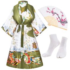 PRICES MAY VARY. Material: Made of Imitation silk satin polyester, soft silky comfortable to wear,breathable and lightweight. Package Includes:1 x Long kimono robe cardigan , 1 x Hand held flower printing silk folding fans ,1 x Tabi socks. 3-piece set. Long plus size lingerie robe up to ankle,V-shaped neckline, removable sash tie, belt loops,large loose flowing sleeves, open front, continuously printed sleeves, luxurious flowing drape.it makes you catch the eyes in the crowd This plus size yukat Folding Fans, Tabi Socks, Plus Size Patterns, Kimono Design, Kimono Pattern, Long Kimono, Lightweight Cardigan, Yukata, Printed Sleeves