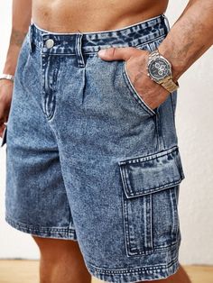 Blue  Collar  Denim Plain Wide Leg Embellished Non-Stretch  Men Clothing Short Dins, Denim Shorts Men, Short Men, Mens Denim Shorts, Short Men Fashion, Bermuda Jeans, Jeans Cargo, Streetwear Men, Printed Sleeveless Top