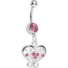 14 Gauge (1.6mm), 7/16" (11mm), 316L Surgical Grade Stainless Steel, 5mm Ball Embrace elegance as well as brilliance with a pink gem heart dangling belly button ring. The lovely scrollwork is enhanced by loads of sparkle, thanks to the gem barbell and additional gems on the heart's center. Find love all year long with Valentine's Day themed navel ring pierced Body Jewelry. Elegant Heart-shaped Wedding Belly Rings, Pink Heart-shaped Belly Rings For Gift, Heart-shaped Pink Belly Rings For Gift, Heart-shaped Pink Jewelry With Diamond Accents, Pink Heart-shaped Jewelry With Diamond Accents, Pink Heart Belly Rings For Valentine's Day, Heart-shaped Silver Body Jewelry For Wedding, Elegant Silver Body Jewelry For Valentine's Day, Pink Dangle Belly Rings As Gift