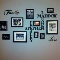 a wall with many pictures and family names on it