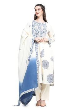 White and blue full sleeves A-line kurta in handloom cotton base with frond bloom print and pintucked printed yoke. Paired with a plain straight pant and ombre printed border dupatta. - Aza Fashions Indigo Cotton Straight Kurta, Cotton Anarkali Traditional Wear With Long Sleeves, Long Sleeve Cotton Lawn Suit With Block Print, Festive Indigo Cotton Salwar Kameez, Long Sleeve Cotton Anarkali Traditional Wear, Cotton Anarkali Kurta With Long Sleeves, Cotton Long Sleeve Salwar Kameez With Dupatta, Festive Cotton Anarkali Set With Long Sleeves, Bohemian Blue Cotton Anarkali Set