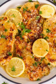 chicken with lemons and parsley on a white plate