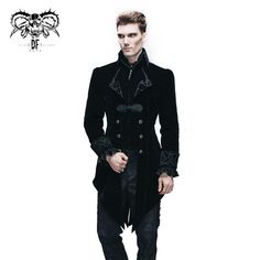 Western Fashion Gothic Embroidered Collar Black Men Velveteen Tuxedo Black Gothic Cosplay Costume, Fitted Fantasy Costume For Fall, Gothic Costumes For Fantasy Events In Fall, Medieval Style Outerwear For Halloween, Black Fitted Gothic Costume, Black Steampunk Outerwear For Halloween, Steampunk Black Outerwear For Halloween, Fitted Black Gothic Costume, Winter Fantasy Event Fitted Costume