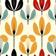 an abstract floral pattern with red, orange and green leaves on a cream background that is repeated in rows