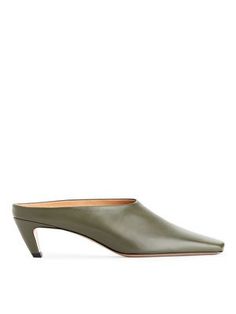 Heeled Leather Mules - Khaki Green - ARKET WW Modern Low Heel Mules With Branded Heel Counter, Chic Square Toe Mules With Reinforced Heel, Chic Mules With Reinforced Heel And Square Toe, Leather Kitten Heels With Padded Heel And Square Toe, Classic Mules With Sculpted Low Heel, Modern Mules With Sculpted Low Heel, Classic Mules With Contrasting Heel Counter, Pointed Toe Mules With Stacked Heel For Work, Sleek Leather Mules With Square Toe