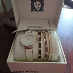 Anne Klein Watch & Bracelet Set With Swarovski Crystals Adjustable Band Nwt Luxury White Jewelry For Fashion Accessory, Elegant White Watch With Bracelet Strap, Elegant White Watches With Bracelet Strap, White Bracelet Strap Jewelry For Formal Occasions, White Formal Jewelry With Bracelet Strap, White Formal Bracelet Jewelry, White Stackable Bracelets For Formal Occasions, Anne Klein Watches Women, Anne Klein Watch