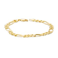 Like a musical piece, the figaro chain has a definite tempo - three short links followed by one longer one. Fashioned in warm 14K gold, this 7.0mm wide bracelet for him features a bright polished shine, perfect for every day wear. The style measures 8.5 inches in length and secures with a lobster claw clasp. Classic Figaro Chain Bracelets, Formal Figaro Chain Link Bracelet, Formal Figaro Chain Bracelet With Oval Link, Formal Gold Figaro Chain Bracelet, Yellow Gold Figaro Chain Bracelet With Rectangular Links, Modern Yellow Gold Figaro Chain Bracelets, Yellow Gold Link Bracelet With Figaro Chain, 14k Gold Cuban Link Figaro Chain Bracelet, 14k Gold Figaro Chain Bracelet With Rectangular Links