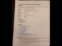 a piece of paper with instructions for homemade pizza sauce recipe on it's side