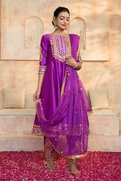 Purple anarkali in dupion base with floral pattern gota embroidered yoke, cuffs, hem and fringed lace details. Comes with matching dupion salwar and dupatta. - Aza Fashions Designer Silk Salwar Kameez With Zari Work, Chanderi Palazzo Set With Resham Embroidery For Diwali, Festive Silk Salwar Kameez With Zari Work, Festival Silk Salwar Kameez With Zari Work, Transitional Silk Salwar Kameez With Zari Work, Diwali Raw Silk Palazzo Set With Zari Work, Designer Bollywood Silk Churidar, Designer Silk Salwar Kameez, Bollywood Style Silk Kurta With Zari Work