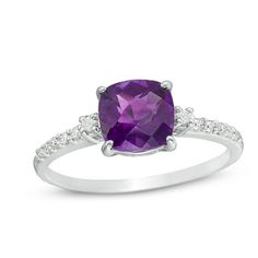 A colorful way to show your love, this gemstone and diamond engagement ring is the start of something beautiful. Crafted in cool 10K white gold, this adventurous style features a 7.0mm cushion-cut bright purple amethyst flanked by a pair of sparkling diamonds. Dainty diamonds line the shank for the perfect touch of shimmer. Radiant with 1/8 ct. t.w. of diamonds and a brilliant buffed luster, this engagement ring is a unique choice to celebrate your romance. Purple Cushion Cut Brilliant Ring, Fine Jewelry Purple Rings With Diamond Accents, Purple Brilliant Cushion Cut Rings, Classic Purple Diamond Ring With Prong Setting, Fine Jewelry Diamond Amethyst Ring With Prong Setting, White Gold Amethyst Diamond Ring With Brilliant Cut, Classic Purple Rings With Diamond Accents, White Gold Diamond Ring With Brilliant Cut Amethyst, Purple Classic Rings With Diamond Accents