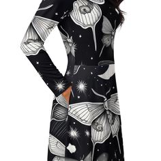 Black and White Gothic Moths, Stars and Moon Long Sleeve Midi Dress with Pockets Meet your new favorite dress! Its soft fabric and flattering cut will ensure you feel comfortable and feminine all day long. Plus, the fitted waist and flared bottom part of the dress will accentuate the wearer's naturally beautiful silhouette. The best part about the dress? It. Has. Pockets.   * Fabric composition in the EU: 96% polyester, 4% spandex  * Fabric composition in the US: 93% polyester, 7% spandex  * Fab White Gothic, Beautiful Silhouette, Naturally Beautiful, Long Sleeve Midi, Boat Neckline, Long Sleeve Midi Dress, Favorite Dress, Dress Clothes For Women, Spandex Fabric