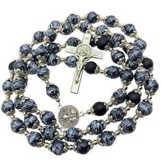 Black Glass Agate Beads Rosary Necklace Medal Cross - Nazareth Store Pearl Rosary, Saint Benedict, Rosary Necklace, Onyx Bead, Gothic Jewelry, Agate Beads, Natural Beads, Elegant Gift, Black Glass