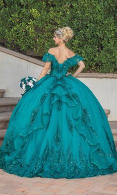 Teal green a-line quinceanera ball gown with off the shoulder straps. Turquoise Quinceanera Dresses Prom Dress Shop, Teal Quinceanera Dresses Couture Candy, Aqua And Gold Quinceanera Dresses, Turquoise Blue Quinceanera Dresses, Teal Quinceanera Dresses, Teal Ball Gown, Corset Ballgown, Off Shoulder Corset, Quinceanera Themes Dresses