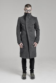 "PHANTOM NEUTRAL GREY WASHED DENIM COAT __SLIM FIT __RAW HEM __ZIPPER CLOSURE __WASHED HEAVY DENIM __2 FRONT POCKETS __1 INTERIOR POCKET __1 REAR POCKET __ARM SHAPED SLEEVES __SCAR STITCHED SLEEVE DETAILS __FULLY LINED model__ chest 103 (40.5\"), waist 77 (30.3\"), hips 96 (37.8\"), biceps 35 (13.8''), height 180 (5'11\"), kg 74 (163 lbs) model wears size M | color: neutral grey, black lining fabric__ 100 washed heavy denim, lining: 100 cotton care__ dry clean sizing__ size XS (IT 44, US 34, JP Gray Cotton Outerwear With Stand Collar, Gray Cotton Outerwear With Buttons, Urban Single Breasted Cotton Outerwear, Cotton Techwear Outerwear With Stand Collar, Fall Cotton Techwear Outerwear, Fitted Outerwear With Pockets And Stand Collar, Fitted Long Coat With Pockets, Fitted Urban Cotton Outerwear, Urban Cotton Outerwear With Stand Collar