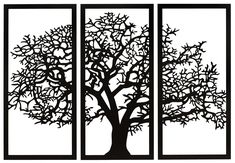 three panels with an abstract tree in black and white