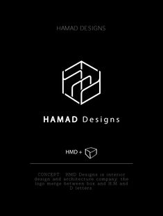 a black and white logo with the words, hamad designs on it's side