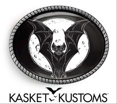 a black and white image of a bat on a plate with the words kasket kustoms