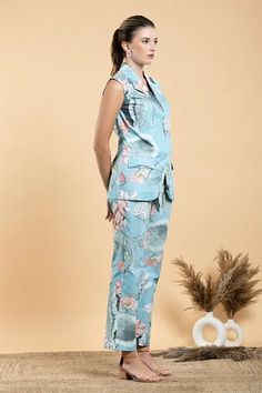 Shop for Divi by sonal khandelwal Sky Blue Cotton Poplin Nelumbo Printed Top And Pant Set for Women Online at Aza Fashions Floating Leaves, Lotus Seeds, Lotus Seed, Straight Fit Pants, Blue Lotus, White Lotus, Top And Pants Set, Top Pants Set, Pant Set