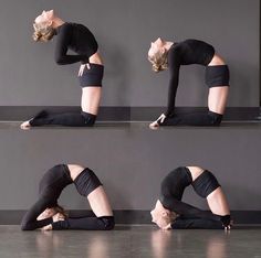 the woman is practicing her yoga moves in different positions, including one on the floor