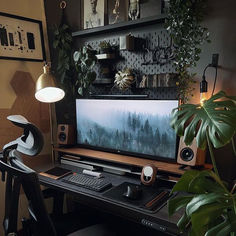 modern desk setup Black And Wood Pc Setup, Wood And Black Gaming Setup, Black And Green Setup, Black And Wood Desk Setup, Pc Workstation Setup, Industrial Desk Setup, Masculine Desk Setup, Mens Desk Setup, Tech Desk Setup