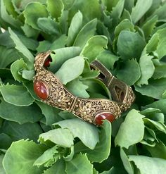 "~ Vintage, Silver, Chinese Export Filigree And Carnelian Bracelet. Length Is 6 3/4\" Long By 18.5mm Wide. Weighs Approximately 36 Grams On My Scale. Marked Silver On The Clasp, The Bracelet Is Completely Gold Gilded With Beautiful Carnelian Stones. The Filigree Is Spectacular With Flowers Over The Entire Bracelet. In Excellent Condition. Due To The Unique Nature Of Antiques And Vintage Items, They Are Being Sold As Is. Please Keep In Mind, That Most Of All Antiques And Vintage Items Will Show W Filigree Bracelet, Carnelian Bracelet, Carnelian Stone, Chinese Export, Unique Nature, Gold Gilding, Chain Link Bracelet, Vintage Silver, Chain Link