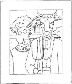 a drawing of two cows in front of a building with a bird on it's head