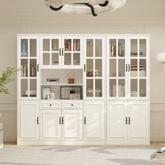 a living room with white bookcases and bookshelves on the wall next to a rug