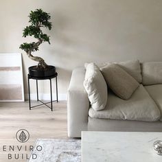 A bonsai tree on a black plant stand and a beige sofa are on top of Sisu Laminate Flooring in Light Brown Maple. In the right hand bottom corner is a marble coffee table placed on a modern, Persian-style rug. Maple Laminate Flooring, Comfy Seating, Wood Shades, Diy Installation, Brown Wood