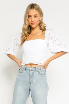 White Eyelet Crop Top - Backless Top - Puff Sleeve Top | Boho Pink White Puff Sleeve Top For Summer, Summer Short Sleeve Crop Top With Smocked Bodice, Square Neck Crop Top For Spring Vacation, Flirty Cotton Tops For Day Out, Flirty Cotton Tops For A Day Out, Spring Beach Crop Top With Square Neck, Chic Smocked Top For Summer Brunch, Spring Vacation Tops With Square Neck, Chic Summer Smocked Top For Brunch