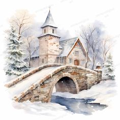 a watercolor painting of a castle in the snow with a bridge and trees around it