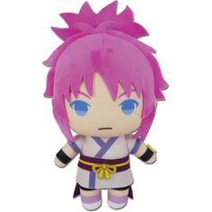 an anime character plush toy with pink hair and blue eyes, standing on a white background