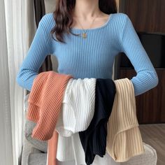 White Sweater Women, Blue Green Fabric, Fall Sweaters For Women, Rib Knit Top, Long Sleeve Knit Tops, Knitted Tshirt, Green Fabric, Long Sweaters