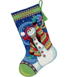 a christmas stocking with a snowman on it's side and the words hannah written