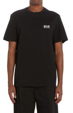 The Italian brand's broken-star logo is magnified at the back of this cotton tee with a relaxed fit and retro-cool attitude. Crewneck Short sleeves 100% cotton Machine wash, tumble dry Made in Italy Men's Designer Clothing Cotton Short Sleeve T-shirt With Star Print, Casual T-shirt With Star Logo For Streetwear, Black Crew Neck Top With Star Patch, Casual Black Top With Star Patch, Casual Crew Neck T-shirt With Star Patch, Cotton T-shirt With Star Logo, Cotton Crew Neck T-shirt With Star Patch, Casual Tops With Star Logo And Relaxed Fit, Relaxed Fit Short Sleeve Tops With Star Logo