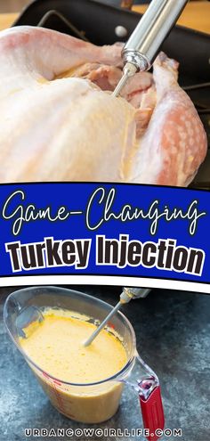 the cover of game changing turkey injection is shown in front of an image of a chicken