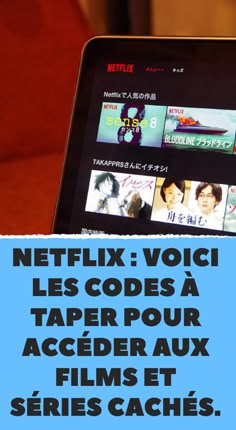 a person holding up a laptop computer with the words netflix and movies in japanese on it