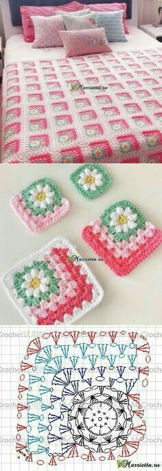 crochet granny granny's blanket and coasters are shown in three different colors