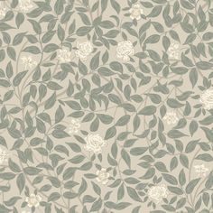 a floral wallpaper with white flowers and green leaves on a light gray background,