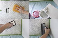 four pictures showing how to paint tile in different stages of being applied on the wall