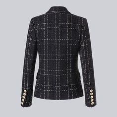 A true English classic. our Harley Tweed Blazer is made of high-quality tweed fabric with a gold plaid pattern. This classic piece is truly versatile and can be worn both during the day with skinny jeans and boots or at night with a dress for a glam look. Per usual orroshop style. the item is decorated with gold buttons. side flap pockets. and peak lapels. Size up if you are between sizes. Luxury Tweed Dress For Office In Fall, Luxury Tweed Dress For Workwear In Fall, Luxury Tweed Dress For Fall Office Wear, Luxury Fall Tweed Dress For Office, Black Houndstooth Tweed Jacket For Formal Occasions, Fitted Tweed Dress With Button Closure, Elegant Black Tweed Jacket For Business, Black Houndstooth Tweed Jacket For Business, Black Business Tweed Jacket With Houndstooth Pattern