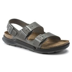 The BIRKENSTOCK Milano is the classic backstrap sandal. This version pairs iconic Birkenstock features including oiled leather uppers buckle closures and suede footbed liners with direct-injection outdoor-ready outsoles for increased traction and durability. Anatomically shaped cork-latex footbed Upper: oiled nubuck leather Footbed lining: Suede Sole: PU Details: Two straps each with an individually adjustable metal pin buckle; ankle strap “Made in Germany” Outdoor Double Strap Sandals With Leather Footbed, Outdoor Double Strap Leather Sandals, Casual Double Strap Leather Sandals, Casual Leather Footbed Sandals With Tang Buckle, Classic Leather Sandals For Outdoor, Brown Leather Sport Sandals With Buckle Closure, Casual Leather Slingback Footbed Sandals, Outdoor Double Strap Sandals With Buckle Closure, Casual Sandals With Buckle Closure For Everyday Use