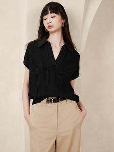 Janette Sweater Polo | Banana Republic Black Polo Shirt Outfit Woman, Polo Shirt Outfit Women's, Polo Shirt Outfits, Sweater Polo, Polo Women, Organic Cotton Yarn, Black Polo Shirt, Smart Casual Outfit, Soft Sweater