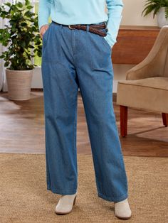 Finding a better fitting jean, shouldn't be a never-ending journey. These denim pants are specifically designed with wide legs for a relaxed, roomier fit. But the comfort doesn't stop there. They are fashioned from soft 100% cotton and have elastic along the back waist so they give when you sit or bend. Finished with a zip fly with metal button closure, front slash pockets, and belt loops. Easy-wearing mid-weight denim Wide-leg styling Flat-front elastic-back waist with belt loops Zip fly with button closure Front slash pockets Approx. 30" inseam 100% woven cotton Machine wash and dry Imported Exclusive to The Vermont Country Store Coordinating Cotton Denim Wide-Leg Shorts (#81791), sold separately | Women's Wide-Leg Cotton Denim Pants - Blue Denim - Large - The Vermont Country Store Everyday Medium Wash Wide Leg Pants, Classic Denim Blue Wide Leg Pants, Classic Wide Leg Denim Blue Pants, Medium Wash Full Length Pants For Everyday, Everyday Medium Wash Full-length Pants, Everyday Medium Wash Full Length Pants, Classic Medium Wash Cropped Leg Pants, Denim Wide-leg Pants For Everyday, Everyday Denim Wide-leg Pants