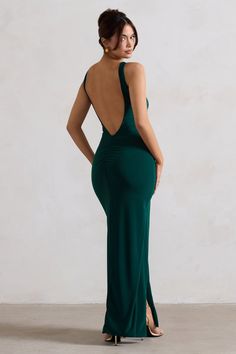 Kate Bottle Green Square Neck Maxi Dress with Plunge Back and Side Thigh Split – Club L London - USA Square Neck Maxi Dress, Club L London, Emerald Dresses, Green Square, Sleek Hairstyles, Bottle Green, Wild Rose, Upcoming Events, Club Dresses