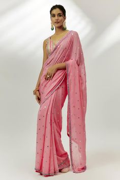 Pastel pink saree featuring mirror, gota and badla embroidered saree. Paired with a stripe pattern embroidered blouse. - Aza Fashions Eid Georgette Pre-draped Saree With Gota Work, Bollywood Style Pre-draped Saree With Gota Work For Navratri, Festive Pre-draped Saree With Gota Work, Cotton Silk Pre-draped Saree With Mirror Work, Festive Pink Pre-draped Saree With Mirror Work, Chanderi Pre-draped Saree With Mirror Work, Designer Pink Pre-draped Saree With Cutdana, Anarkali Pre-draped Saree With Gota Work In Cotton Silk, Eid Chanderi Pre-draped Saree With Mirror Work