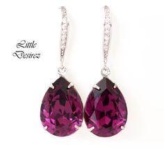 "Elegant, Sparkly and lightweight Swarovski Crystal Earrings in the color and finish of your choice. Perfect for brides, bridesmaids, special occasions and everyday wear! Earrings made with: - Genuine 18x13mm Swarovski teardrop pear shaped fancy stones, set in sterling silver plated settings - Hypoallergenic, Rhodium plated and tarnish resistant rhinestone ear hooks - Earrings Length- these are about 1 1/2\" long from top of the ear wires to bottom of the crystals Please select the Crystal Color Purple Drop Earrings For Wedding, Purple Hypoallergenic Jewelry For Weddings, Hypoallergenic Purple Jewelry For Wedding, Purple Teardrop Earrings For Wedding, Hypoallergenic Purple Wedding Earrings, Amethyst Jewelry Set, Blue Bridal Earrings, Purple Drop Earrings, Hot Pink Earrings