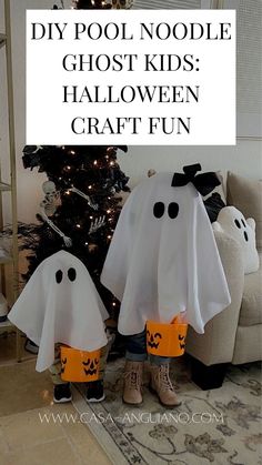 two kids in halloween costumes with the words diy pool noodle ghost kids halloween craft fun