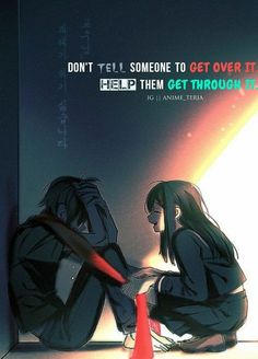 two people sitting next to each other in front of a wall with the words don't tell someone to get over it