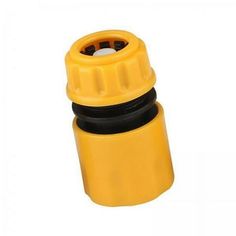 a yellow and black plastic bottle with a cap on it's side, sitting against a white background